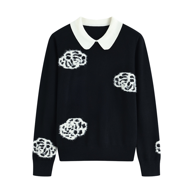 Jacquard Lapel Long-Sleeved Black Knitwear for Women 2025 Autumn and Winter New Style Elegant Work Clothing Loose Slimming Look Woolen Top