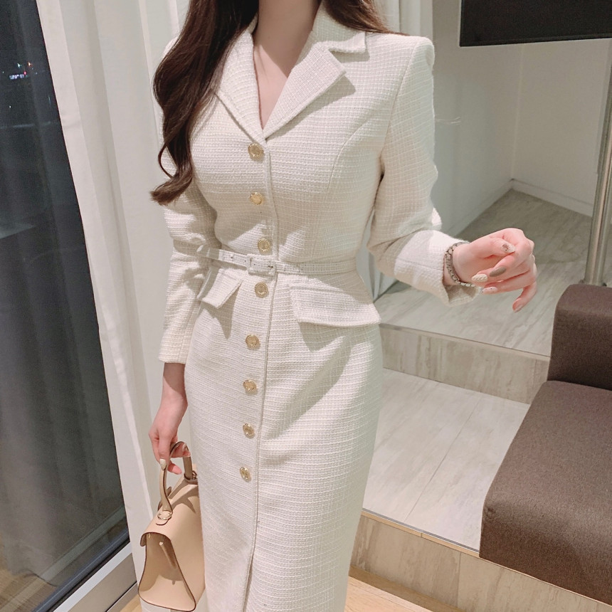 French Style Womens Slim Fit Waist V Neck Lapel Pencil Dress Long Sleeve  Dresses | eBay