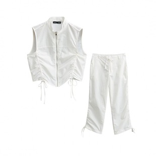 Cross-border 2024 Spring New Women's European and American-style Pleated Decorative Vest Pleated White Vest + Casual Trousers