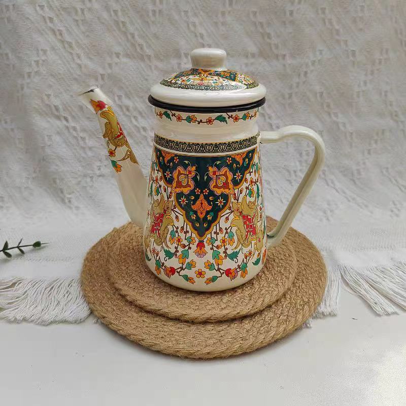 Vintage Thickened Enamel 1.1L Coffee Pot, Oil Pot, Water Kettle, Enamel Water Kettle, Enamel Pot, Milk Tea Pot, Cold Water Pot