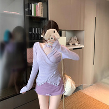 实拍 甜辣纯欲套装女网纱拼接V领紫色针织衫秋季显瘦半身裙两件套