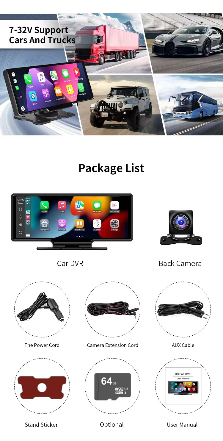 New Cross-Border 10.26-Inch 4K High-Definition Dual-Recording Dash Cam with 1080P Wireless Carplay
