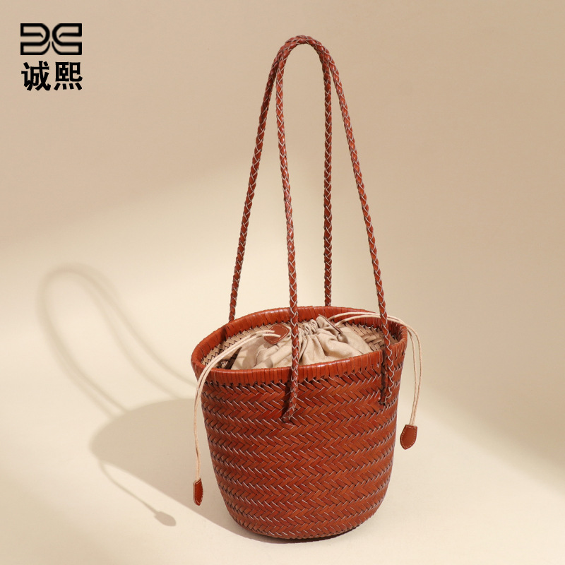 夏季沙滩度假菜篮子真皮编织女包休闲简约手提子母包单肩腋下包包 - Thumbnail 4