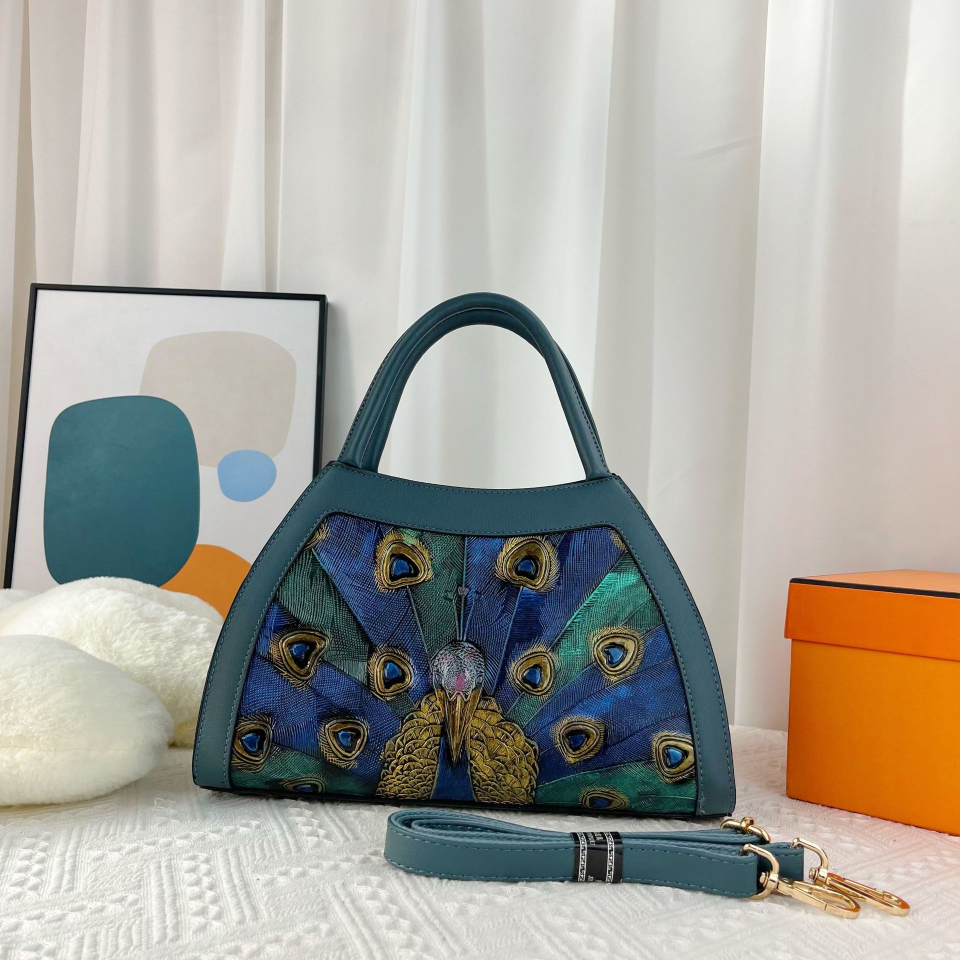 Bolsa de bolso elegante de lujo ligero 2023 nueva moda bolsa de cuero suave rosa patrón de Pavo Real Simple bolsa de mensajero del hombro