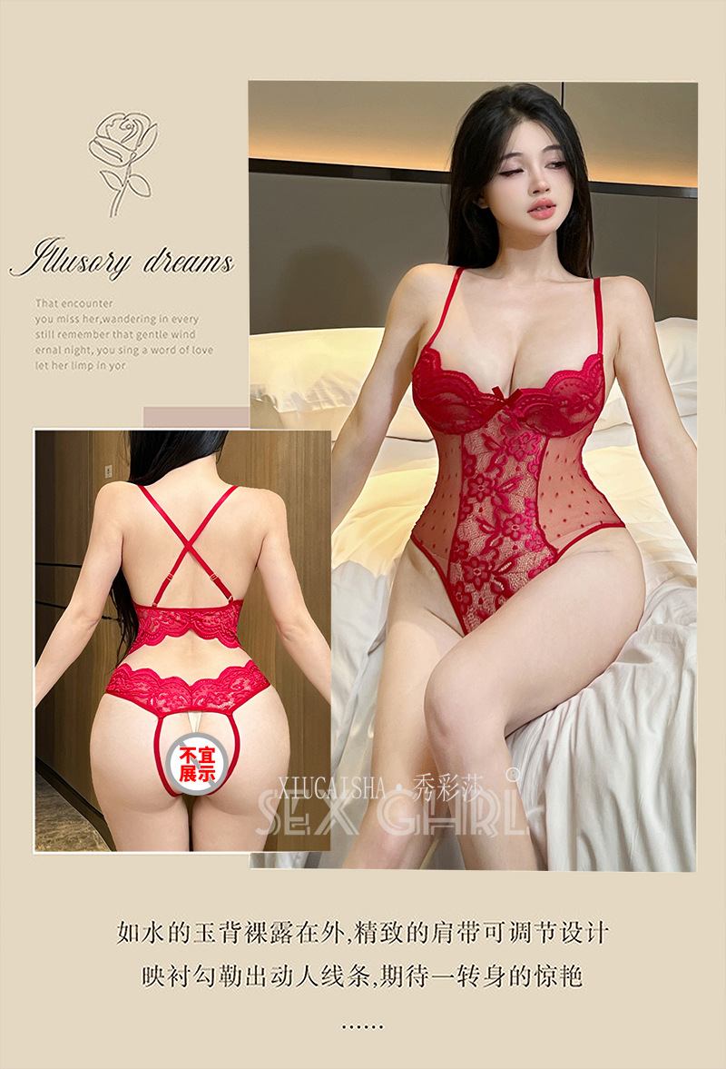 Lace See-Through Jumpsuit Lingerie, Deep V Open-Crotch Red Bodysuit with Black Stockings, One Size — detail image 22