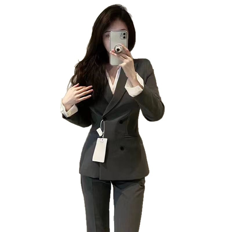 灰色西装套装女2025年春秋新款上衣工作服正装黑色西服外套两件套|undefined