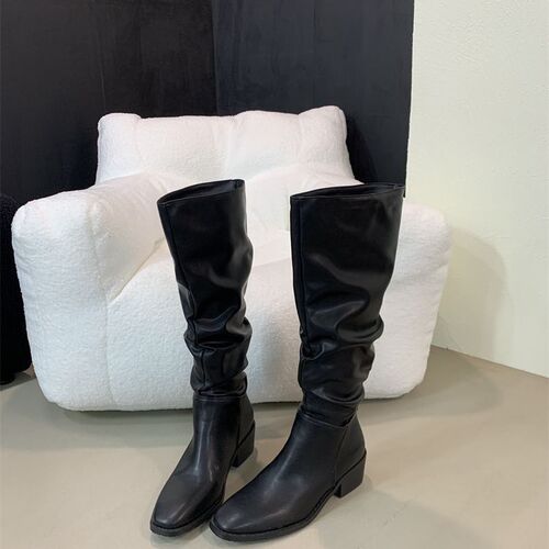 Chunky-heel pleated stacked boots, women's riding boots, fashionable Western-style slim-fit mid-calf boots—new winter design