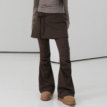 美式复古假两件微喇裤裤裙女设计感纯色打褶修身显瘦时尚休闲长裤