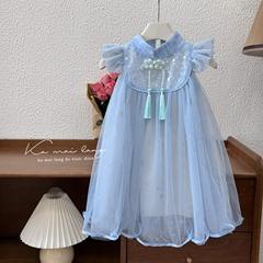 Little Girls' Dress 2024 Summer New Arrival Chinese Style with Disclosed Collar, Fringe Net Dress, Small Sleeve Princess Dress