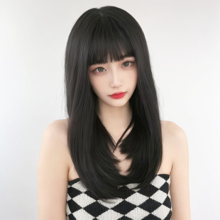 Wig for Women with Medium-Long Black Hair, Long Straight Hair with Bangs, Chemical Fiber Full Headgear, Douyin Supply Supplier, Naturally Fluffy