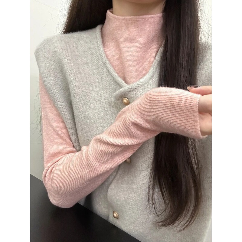 Trendy Single-Breasted Knitted Cardigan Vest for Women, Autumn and Winter Layered Small Stand Collar Sweater Top Fashion Set