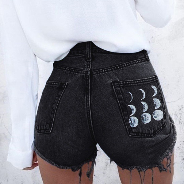2515 * European and American foreign trade Women's printed tassel ultra-short mid-waist denim shorts summer New