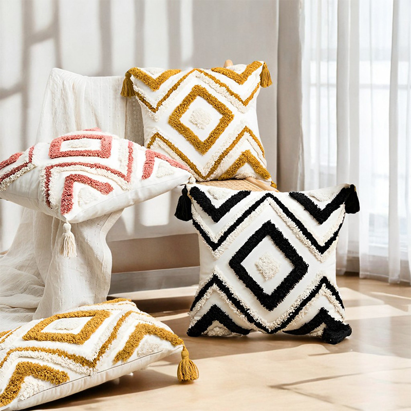 Almohada con mechones de estilo bohemio Cojín con flecos étnicos marroquíes Cojín con mechón de sofá de sala de estar Tongfang Funda de almohada