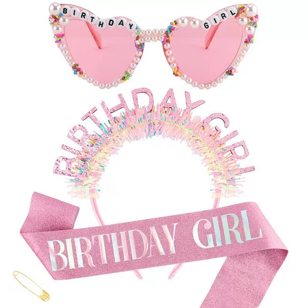 Cross-Border Hot-Selling Birthday Girl Pink Birthday Photo Props, Birthday Glasses, Headband, and Decorative Accessories