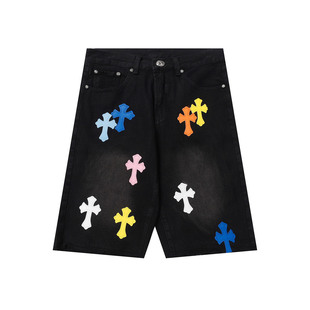 25 New Ch Crowe Retro Colorful Cross Leather Washed Distressed Loose Denim Shorts for Men and Women