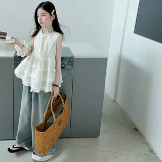 女童阔腿裤套装夏季2026年新款时髦洋气中大童女花边无袖甜美上衣