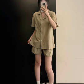 高级感简约条纹睡衣女夏季新款短袖短裤家居服大码可外穿套装夏天