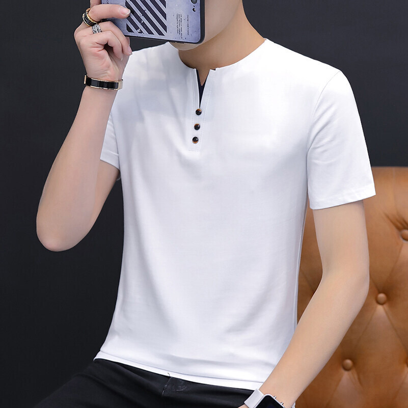 Camiseta de manga corta transfronteriza para hombres tendencia suelta de verano camiseta de cuello en V ropa de camiseta de comercio exterior de algodón universal camiseta base para hombres