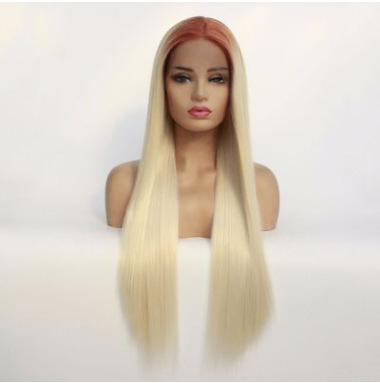 Fibra química delantera encaje medio tejido mano cubierta de la cabeza de moda europea y americana marrón oscuro gradiente oro claro peluca recta larga LW0161