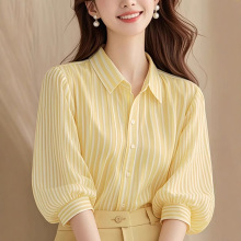 黄色polo领灯笼七分袖防晒长袖正肩T恤女2025新款秋绝美上衣