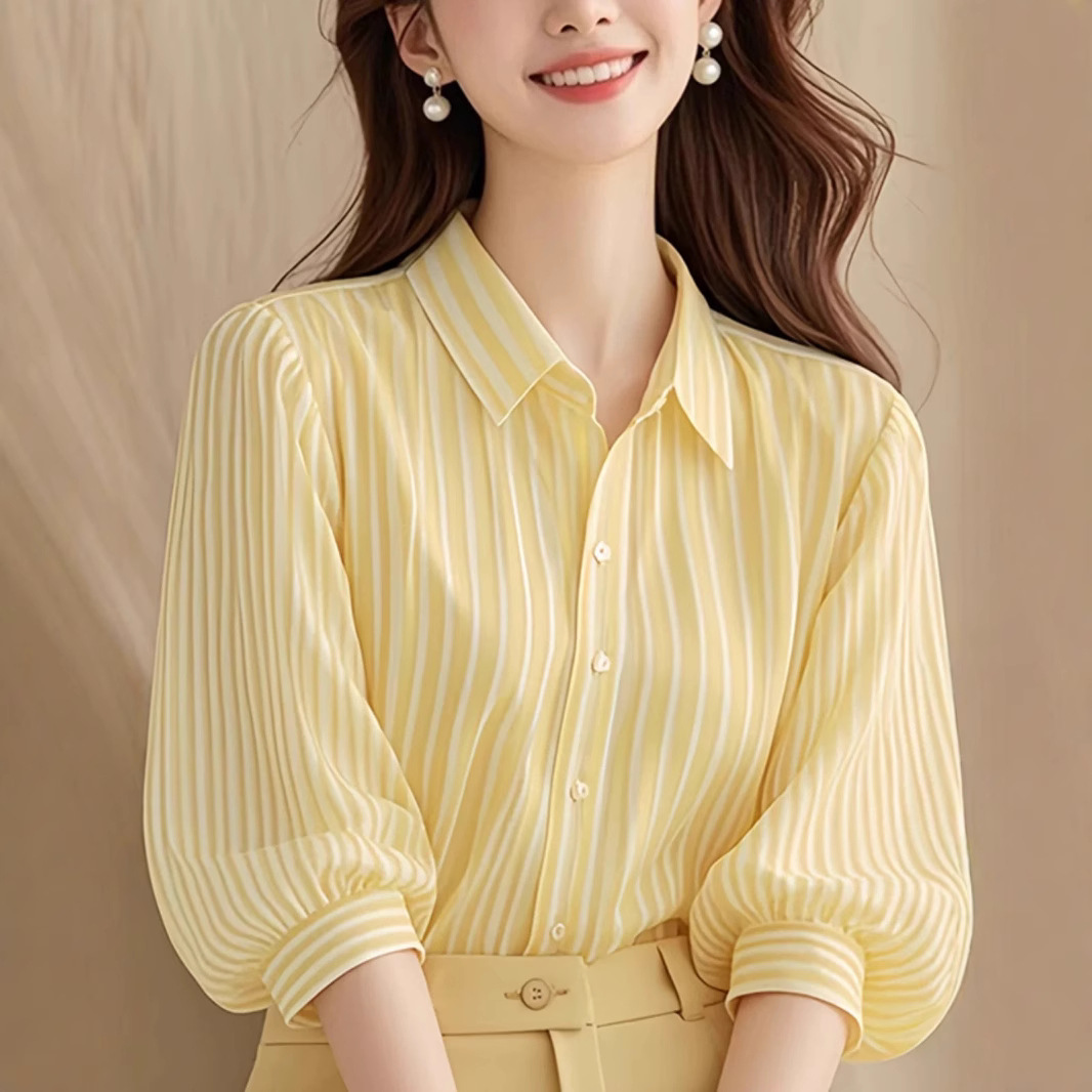 黄色polo领灯笼七分袖防晒长袖正肩T恤女2025新款秋绝美上衣