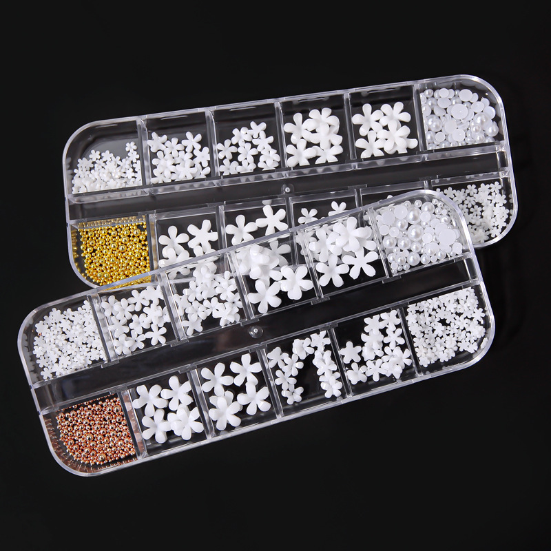 2021 Internet Celebrant 12-Box Japanese Five-petal Flower Steel Beads Pearl White Flower Stereo Size Mixed Nail Art Jewelry