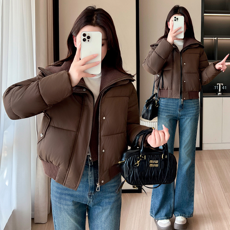 Productos europeos 2025 invierno nuevo abrigo de algodón mujer corto de moda de punto con solapa chaqueta de algodón abrigo de moda