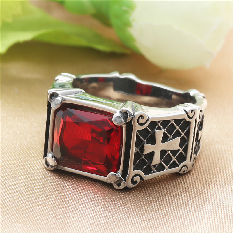 European and American Titanium Steel Cross Ring, Retro Trendy Men's Personality Punk Stainless Steel Multi-Color Stone Ring Factory Direct Supply