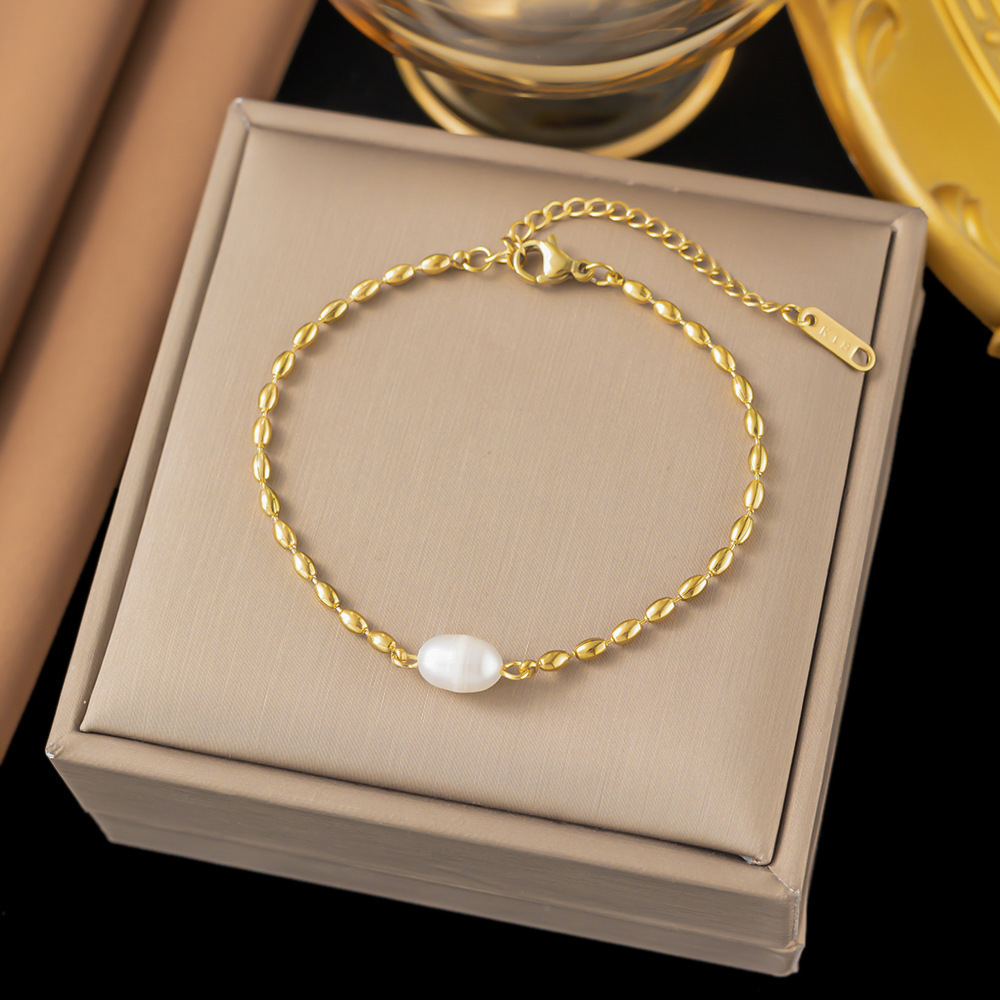 3【e63】pearl bean chain bracelet gold