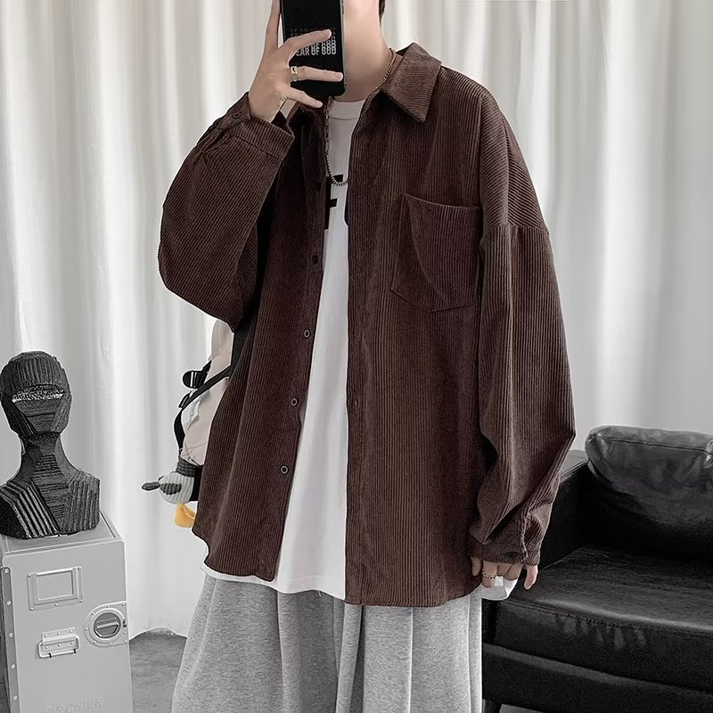 Camisa de pana para hombre 2023 nuevo estilo de Hong Kong moda suelta japonesa retro negro camisa casual chaqueta