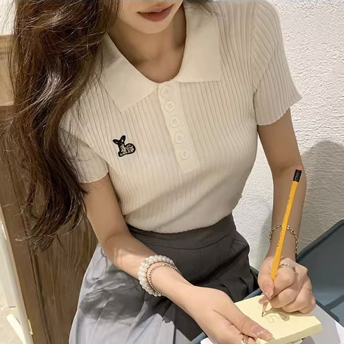New knitted short-sleeved T-shirt for women, summer white ice silk short half-sleeved base shirt/top.