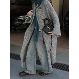 卢浮冬季新款韩系复古慵懒感圆领长款针织羊毛大衣廓形宽松外套女