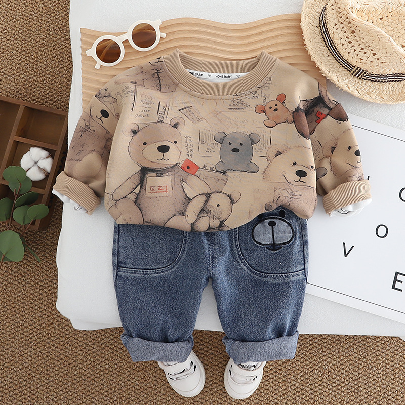 Sudadera con capucha para niños cuello redondo, estilo coreano – set con diseño de oso cute, primavera 2025.