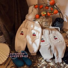 Sweetheart dad girl winter clothes cherry embroidered casual pants children's Korean style fashionable warm pants baby plus velvet trousers