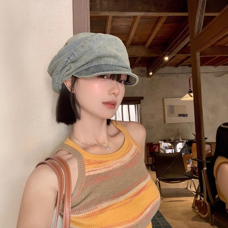 日本のニッチなレトロな綿とリネンのプリーツクラウドベレー帽女性のための春と秋の顔見せキャスケット帽子八角形画家の帽子|undefined