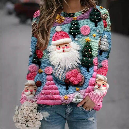 European and American new autumn and winter items Christmas 3D digital printing Santa Claus loose long sleeve round neck hoodie