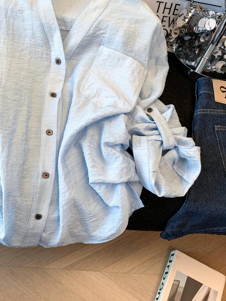 Áo sơ mi chống nắng nữ dài tay dáng rộng chất liệu linen thoáng mát — xanh lam chi tiết 16