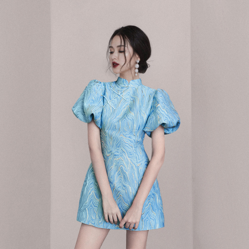New Chinese-Style National Style Qipao Improved Version with a Sense of Design, Young Girl's Blue Short-Sleeved Dress, Banquet Dress New Chinese-Style National Style Qipao Improved Version with a Sense of Design, Young Girl's Blue Short-Sleeved Dress, Banquet Dress