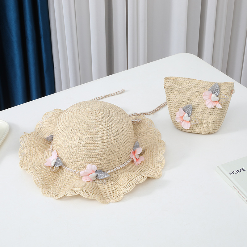 Flower decorated wavy edge straw hat-beige