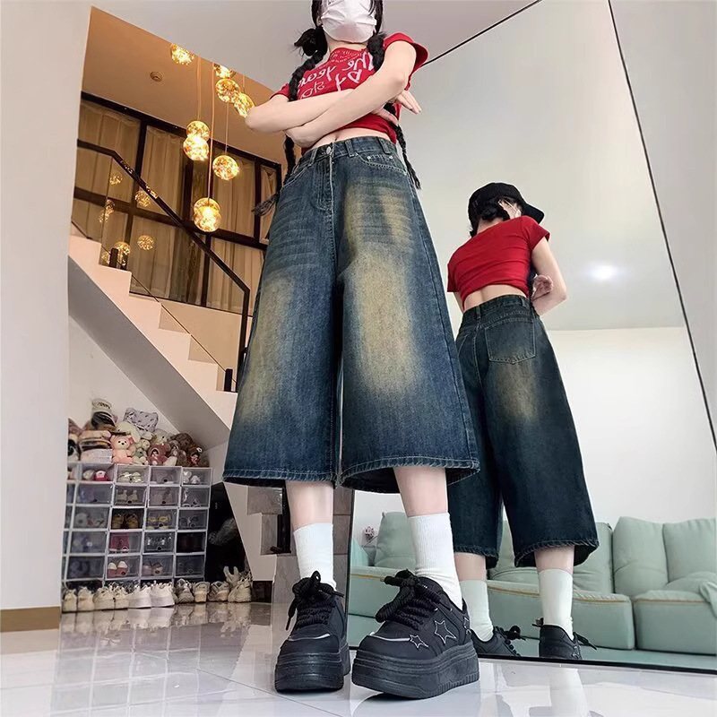 American Style High Street Old Wide Leg Cropped Jeans Women's Summer New High Waist Loose Slimming Vintage Straight Pants