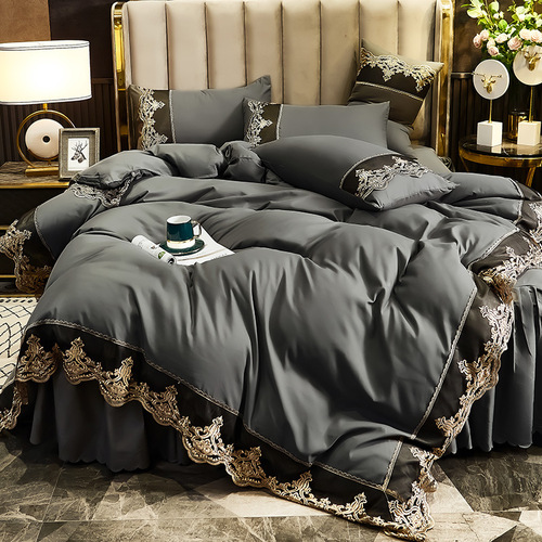 Cross-border e-commerce light luxury European style brushed embroidery four-piece set solid color bed skirt three/4-piece set shipped by manufacturer
