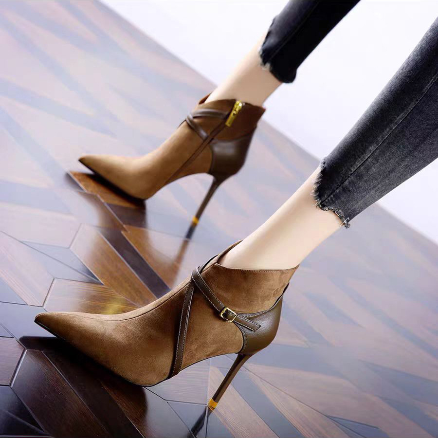 Brown High-Heeled Shoes for Women, 2026 Autumn and Winter New Fashion Short Boots, Pointed Toe Ankle Boots, Belt Buckle, Stiletto Heel Martin Boots