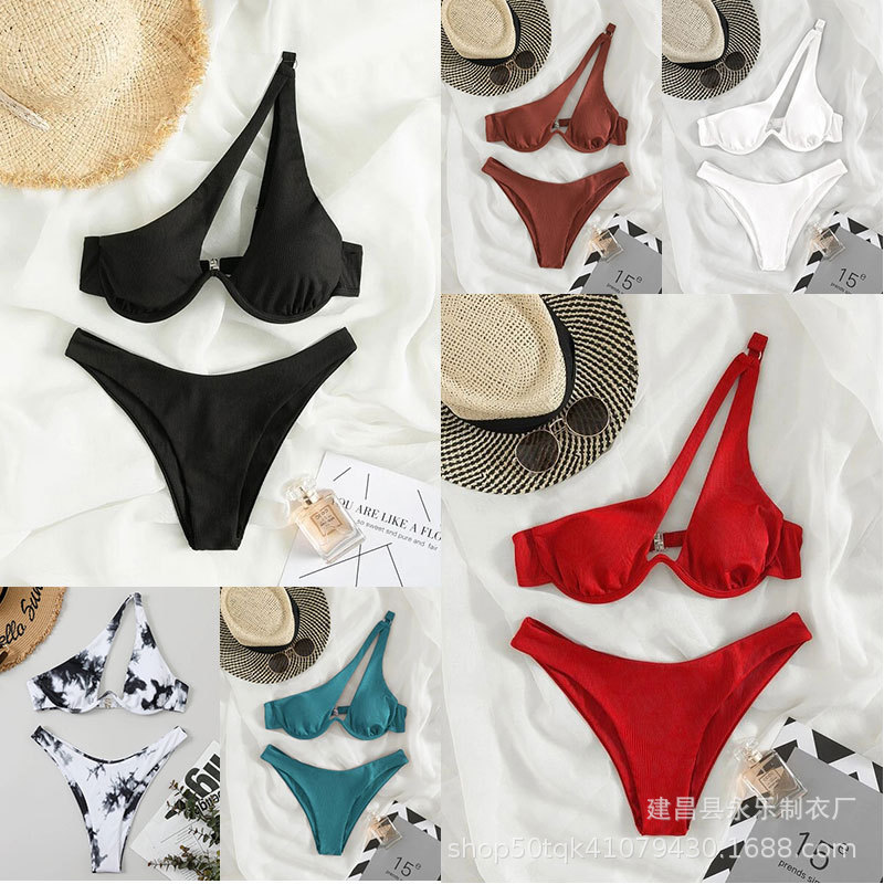 2025 New Cross-Border Aliexpress Multi-Color European and American Sexy Women's Two-Piece Swimsuit Solid Color One-Shoulder Underwire Bikini