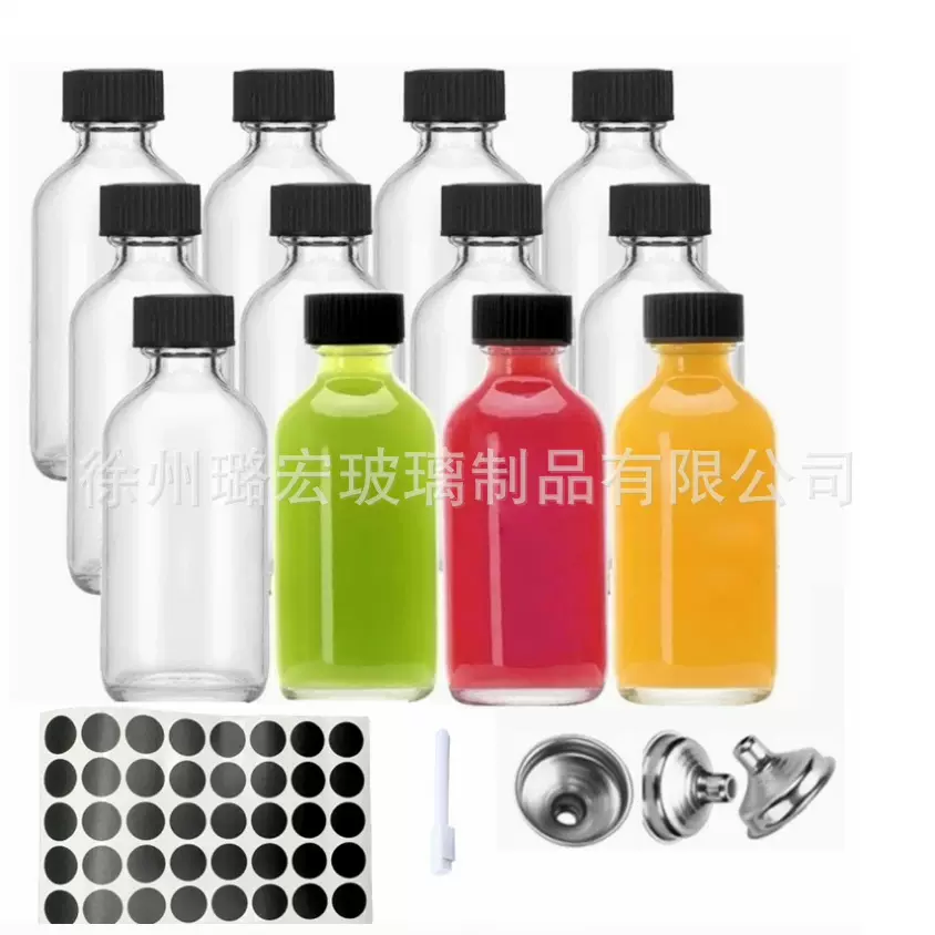 跨境热销透明玻璃果汁瓶2oz波士顿样品瓶60ml咖啡奶茶饮料分装瓶