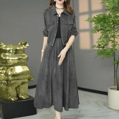 复古休闲连衣裙套装女春季穿搭一整套妈妈洋气时尚大码女装两件套