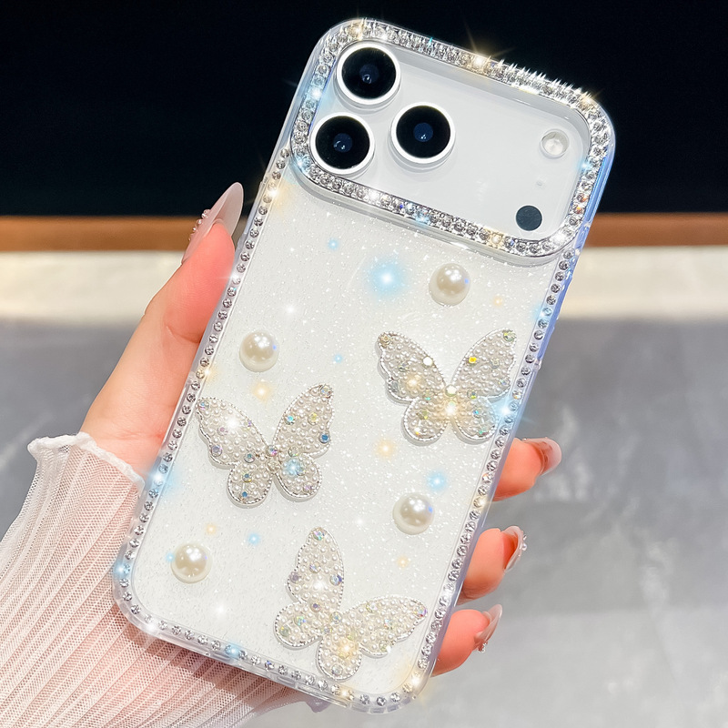 闪粉珍珠蝴蝶适用iPhone17Air苹果16E手机壳15promax奢华闪钻跨境|undefined
