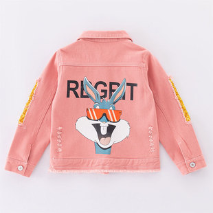 Children's Spring and Autumn New Fashion Rouge Denim Clothes Large Children's Back Rabbit Long Sleeve Ripped Sequin Jacket