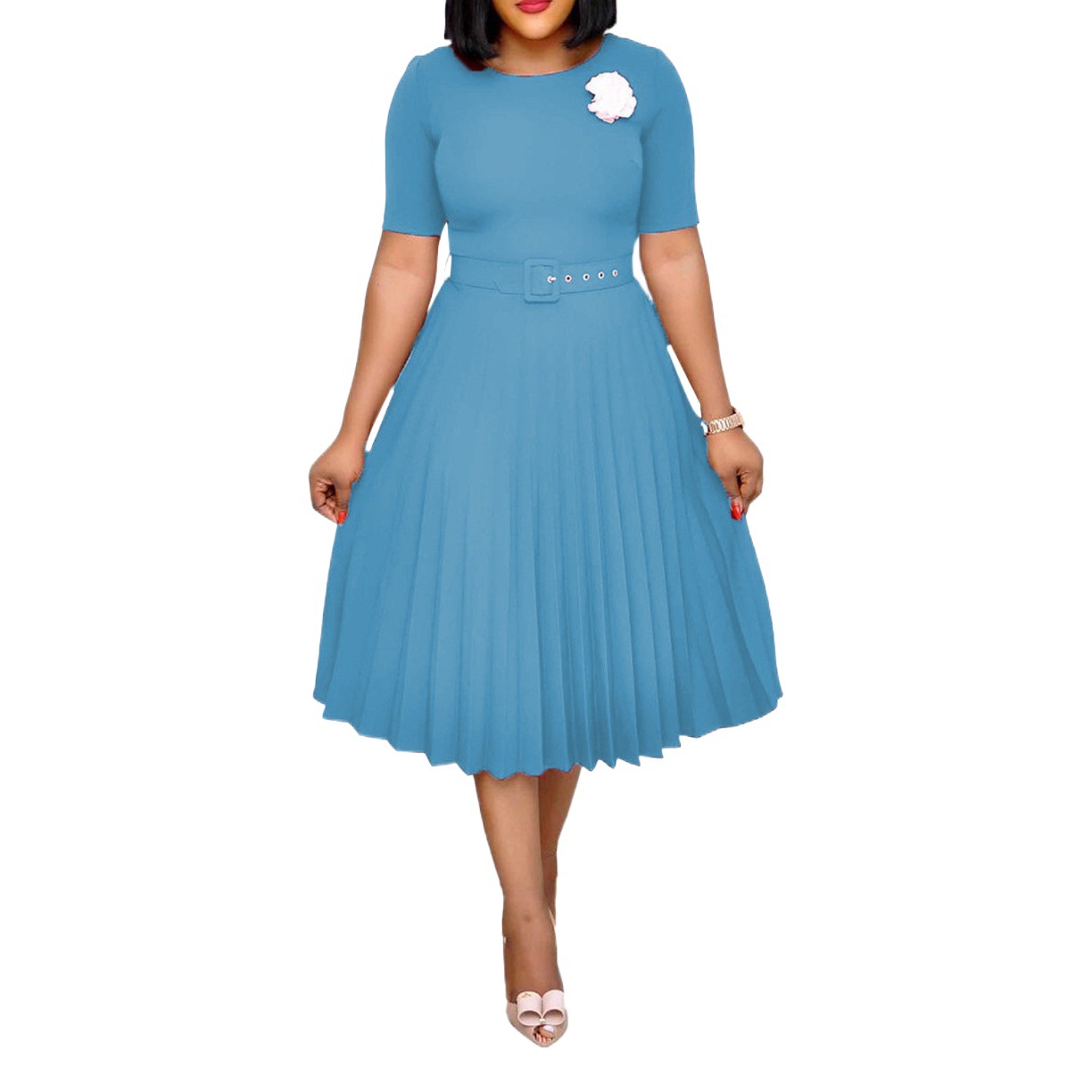 Ropa de mujer europea y americana con cinturón nuevo verano Amazon cuello redondo falda plisada de longitud media más tamaño vestido transfronterizo africano