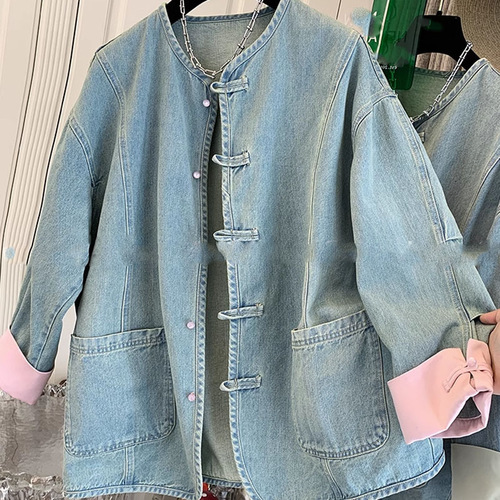 High sense and super good-looking retro new Chinese style buckle fake two-piece denim jacket top for women 2024 spring dropshipping