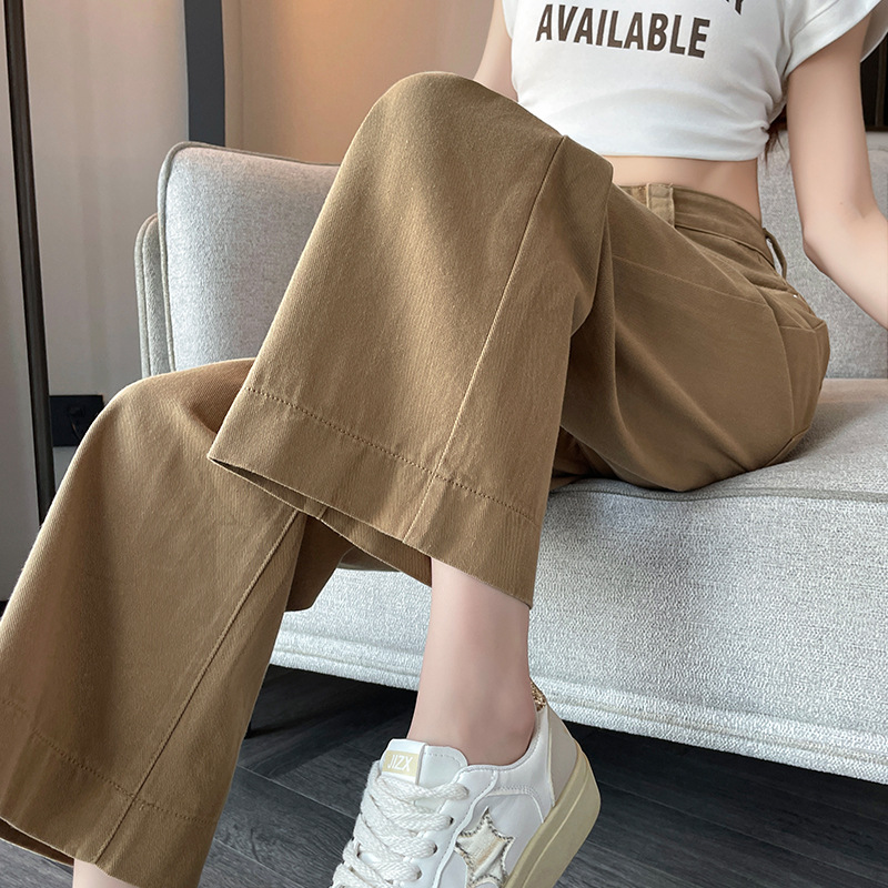 卡其色8分牛仔闊腿褲女2024年新款秋季遮腿小個子高腰窄版直筒褲